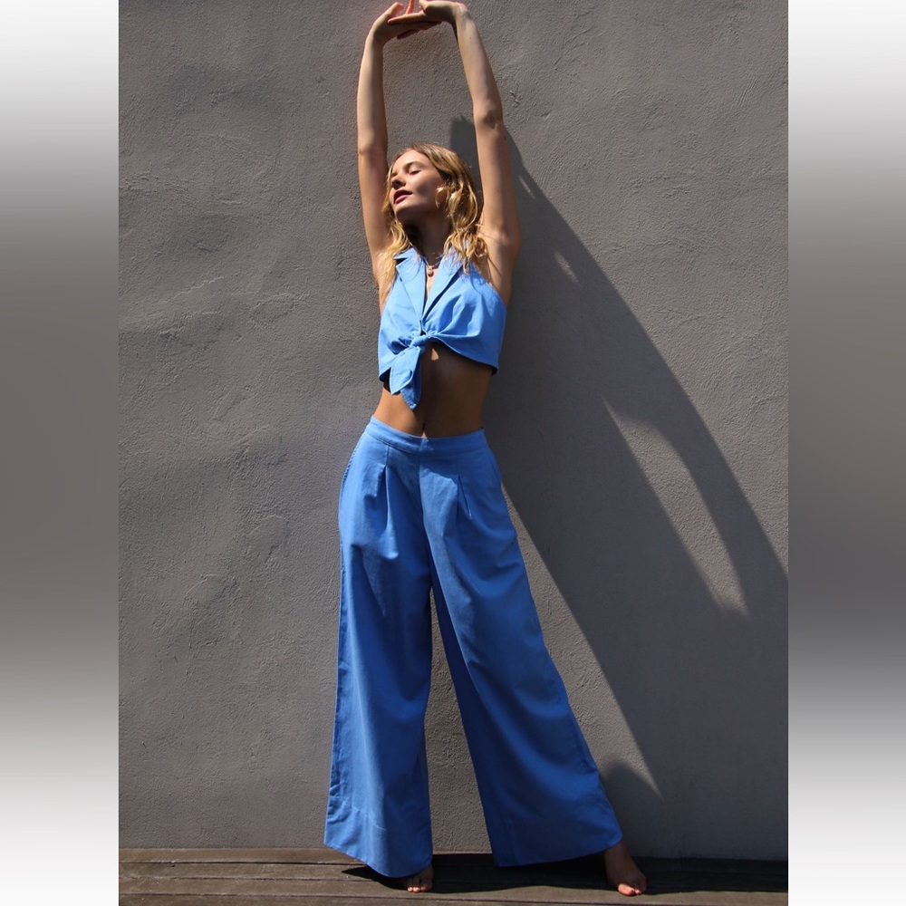 FREE PEOPLE Brunch Date 2 pc set crop tie collared wide leg high waist NWT sz S